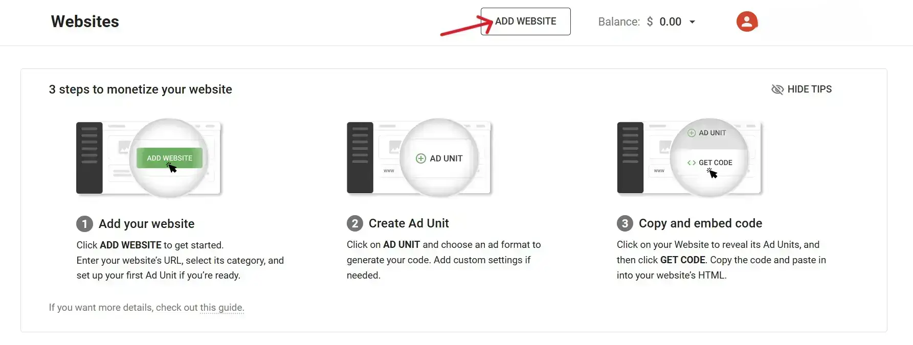 Click on the “Add Website” button